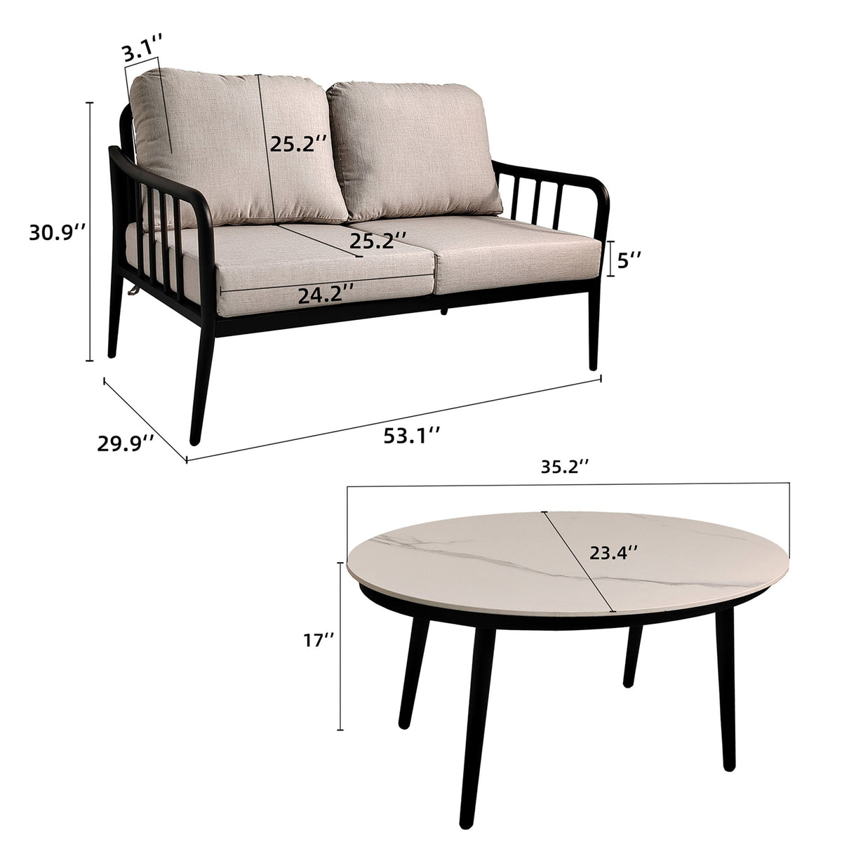 2-Piece Modern Aluminum Outdoor Conversation Set with Sunbrella Cushions & sintered stone tabletop