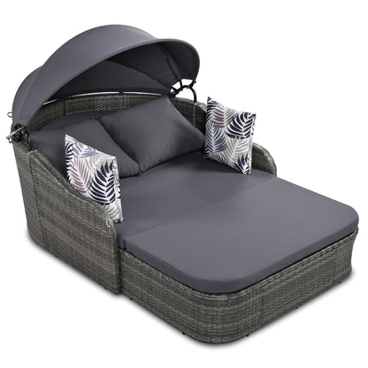 Outdoor Sunbed with Adjustable Canopy PE Rattan Daybed