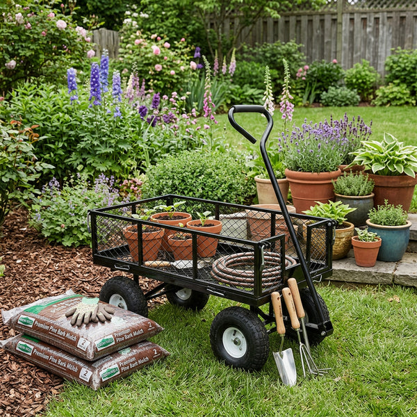 Black Steel Garden Utility Cart – 400 lb. Capacity, Removable Sides & All-Terrain Pneumatic Tires