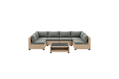 7-Piece Boho Outdoor Wicker Sectional Conversation Set with Grey Cushions & Coffee Table