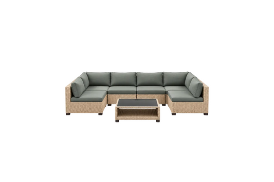 7-Piece Boho Outdoor Wicker Sectional Conversation Set with Grey Cushions & Coffee Table
