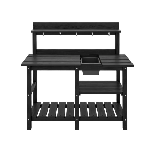 SERWALL Outdoor Potting Bench Potting Table with Sink, HDPE Potting Benches with Storage for Outside Gardening Table All Weather Use- Black