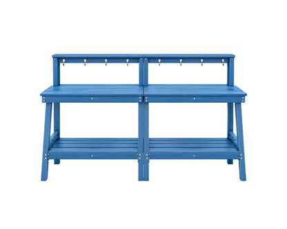 SERWALL Potting Bench Outdoor with Storage Set of 2, 3-Tier HDPE Gardening Table with Angled Legs & Tool Hooks, All-Weather Heavy Duty Potting Table for Patio, Backyard, Garden, Blue