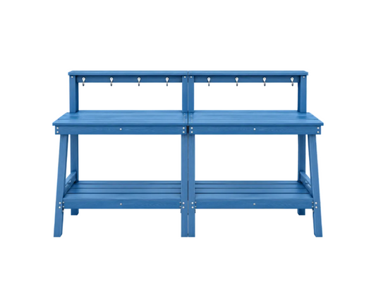 SERWALL Potting Bench Outdoor with Storage Set of 2, 3-Tier HDPE Gardening Table with Angled Legs & Tool Hooks, All-Weather Heavy Duty Potting Table for Patio, Backyard, Garden, Blue