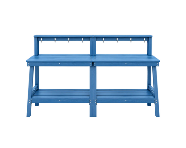 SERWALL Potting Bench Outdoor with Storage Set of 2, 3-Tier HDPE Gardening Table with Angled Legs & Tool Hooks, All-Weather Heavy Duty Potting Table for Patio, Backyard, Garden, Blue