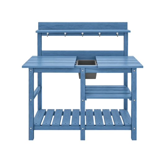 SERWALL Outdoor HDPE Garden Potting Bench with Sink – Sliding Tabletop, Storage Shelves & Side Hooks – Blue