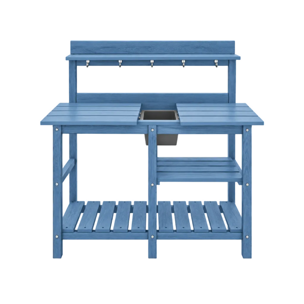SERWALL Outdoor HDPE Garden Potting Bench with Sink – Sliding Tabletop, Storage Shelves & Side Hooks – Blue