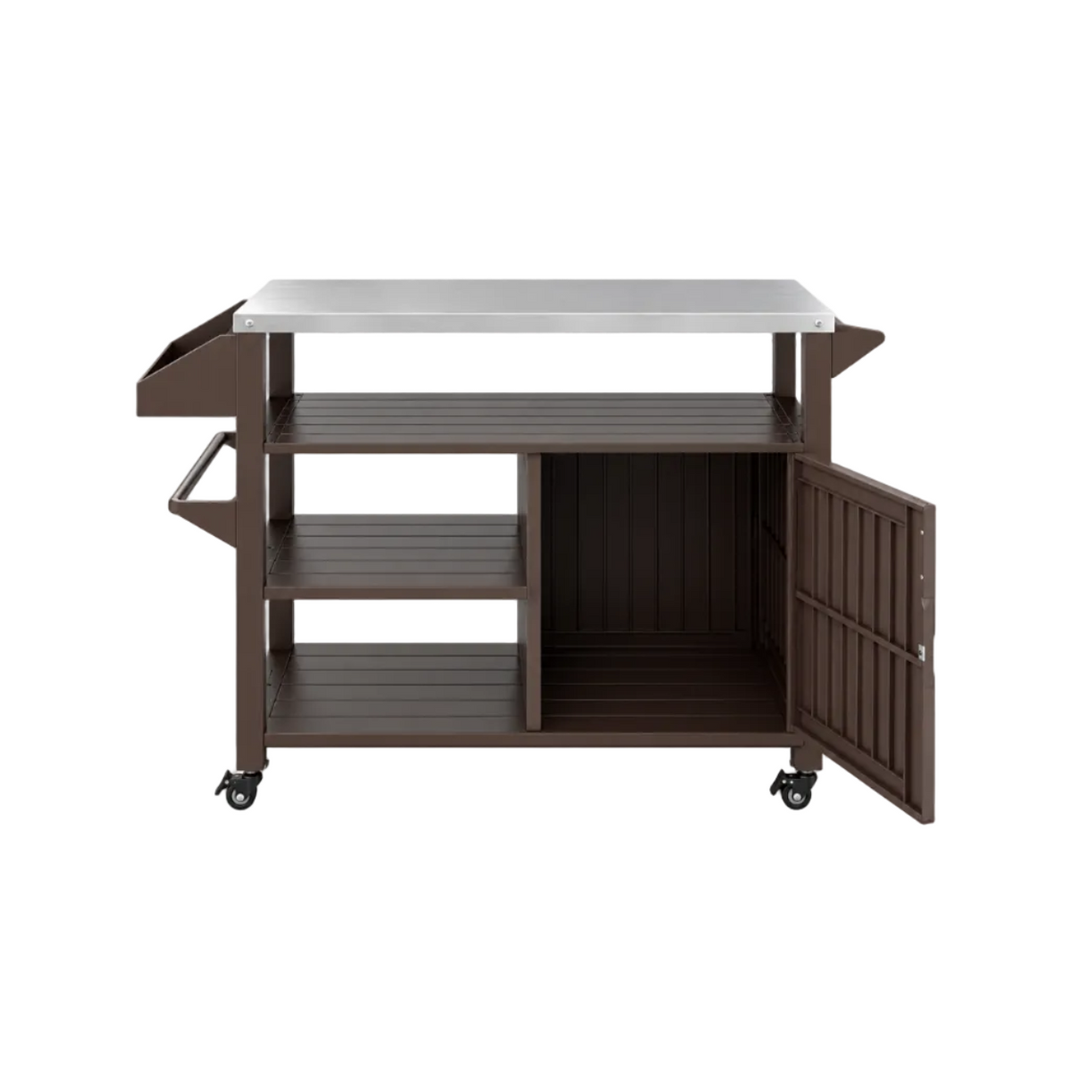 Outdoor Grill Cart with Storage Cabinet Shelves and Stainless Steel Top-Brown