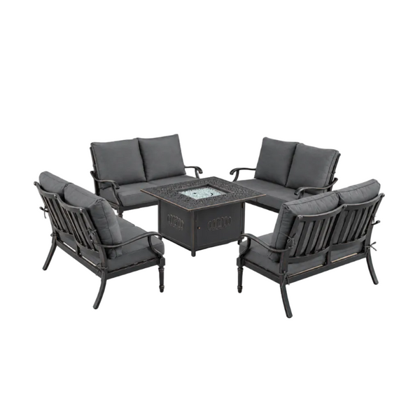Black Aluminum Fire Table Set with Four Deep Seating Loveseats