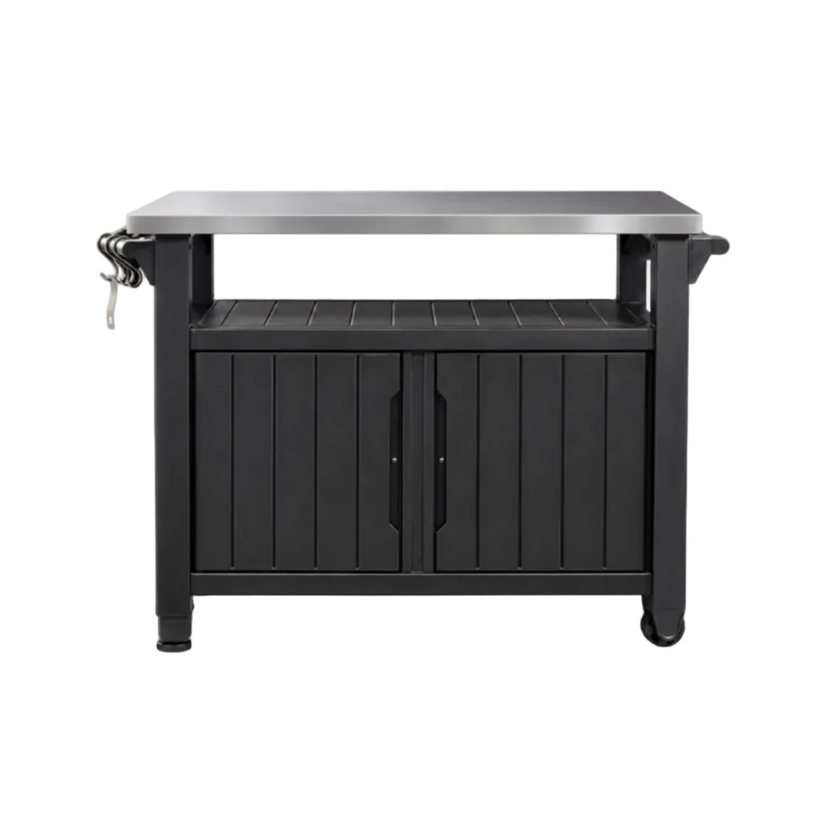 Outdoor Bar & Serving Cart – Graphite Grey with Stainless Steel Top, Storage Cabinet & Wheels 48.7"