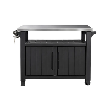 Outdoor Bar & Serving Cart – Graphite Grey with Stainless Steel Top, Storage Cabinet & Wheels 48.7"