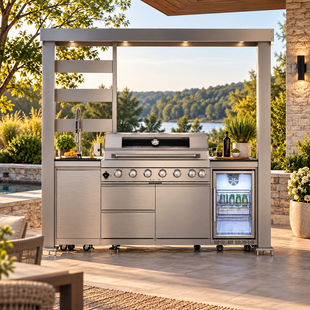 Castelle Flame Astoria 94-Inch 6-Burner 85K BTU Outdoor Kitchen Grill Island