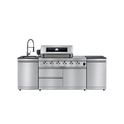 Castelle Flame Aurelia 46-Inch 4-Burner 72K BTU Stainless Steel Outdoor BBQ Kitchen Grill Island With 46-Inch 4-Burner 85K BTU Grill, Rotisserie Kit, And Cabinets (SAK93192)