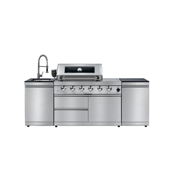 Castelle Flame Aurelia 46-Inch 4-Burner 72K BTU Stainless Steel Outdoor BBQ Kitchen Grill Island With 46-Inch 4-Burner 85K BTU Grill, Rotisserie Kit, And Cabinets (SAK93192)