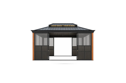 Alora Solstice All-Season Outdoor Wood Grain Sunroom With Sliding Doors And Double Top Roof