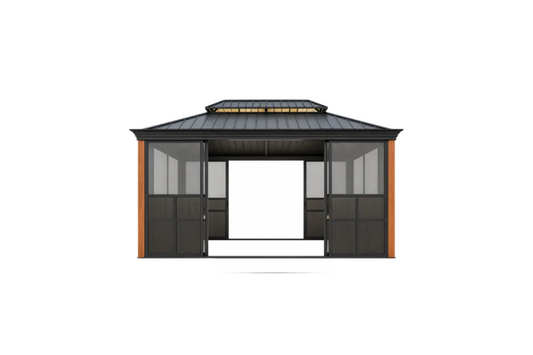 Alora Solstice All-Season Outdoor Wood Grain Sunroom With Sliding Doors And Double Top Roof