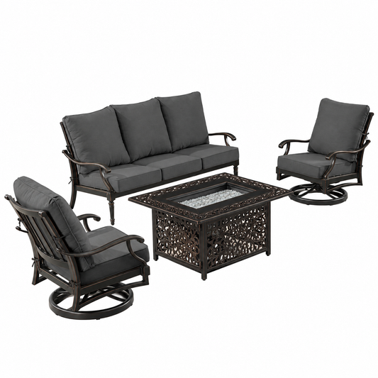 4-Piece Aluminum Fire Pit Conversation Set – 48" Fire Table, Sofa & Swivel Rocking Chairs