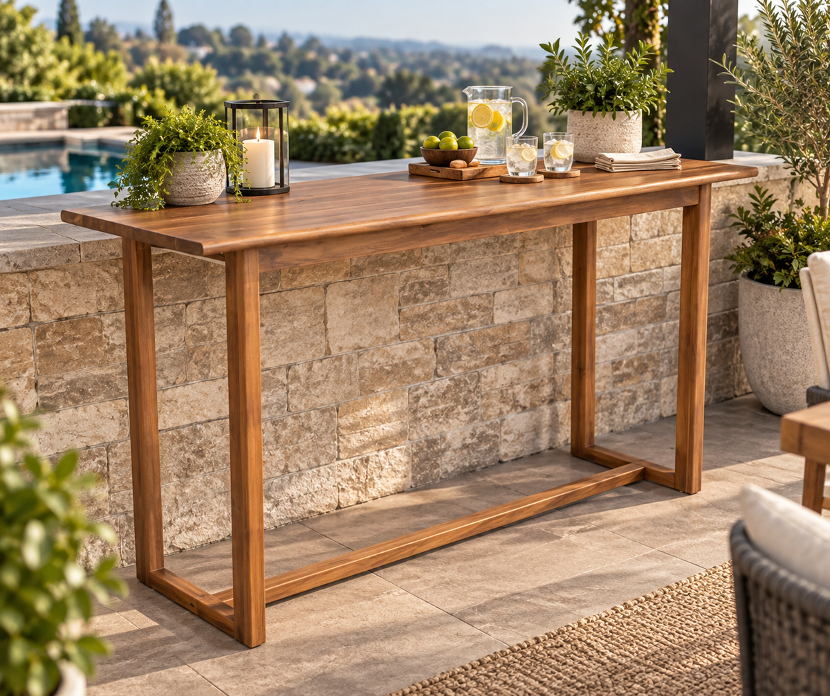 59" Outdoor Teak Wood Bar Table – Slatted Top, Reinforced Triangular Frame & Weather‑Resistant Design