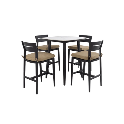Modern Outdoor Bar Set — Sintered Stone Table, Ergonomic Bar Stools & Sunbrella® Cushions (Ember Black / Linen Sesame)
