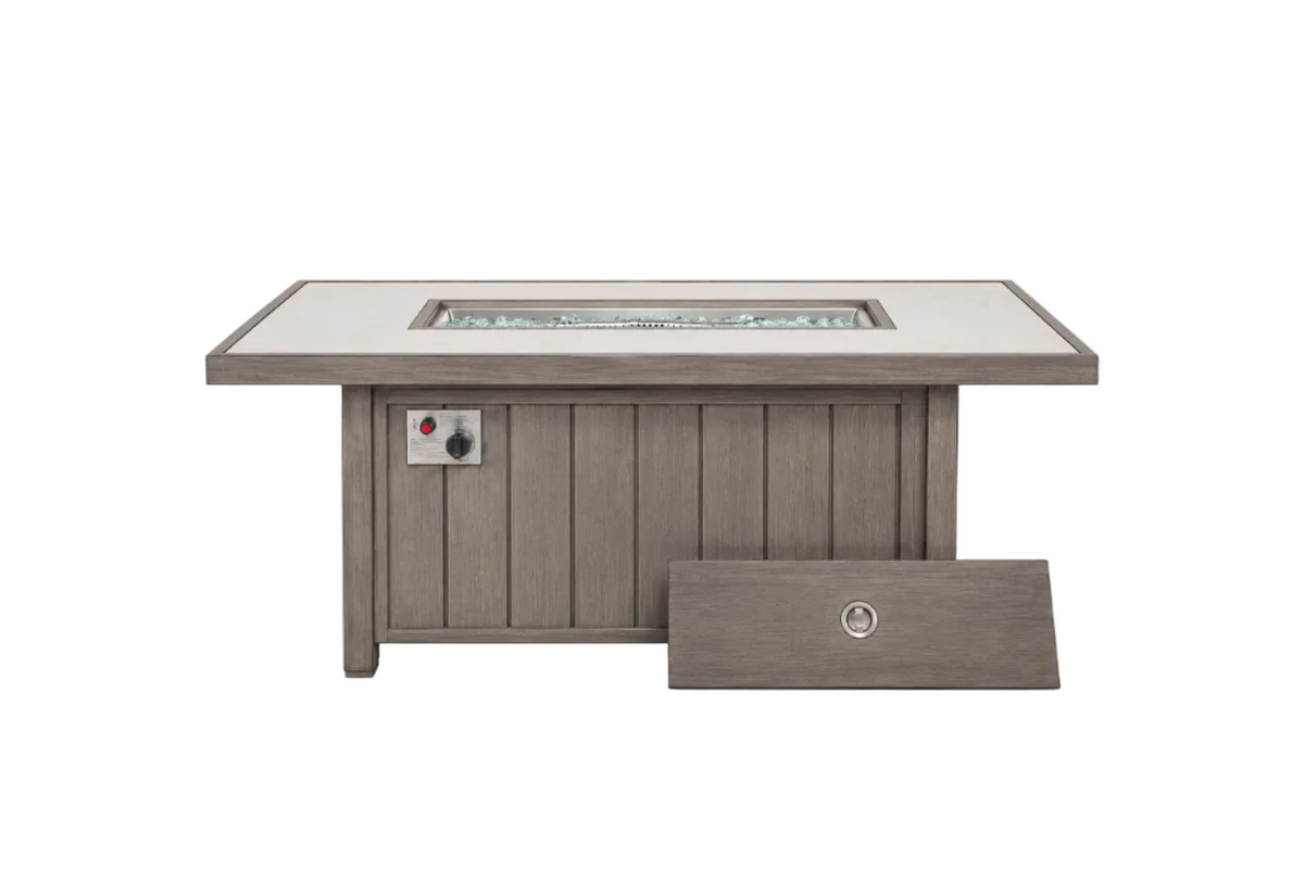 Marindo 56.5" Wood‑Grain Aluminum Propane Fire Pit Table – 50,000 BTU Dual‑Purpose Dining & Fire Feature