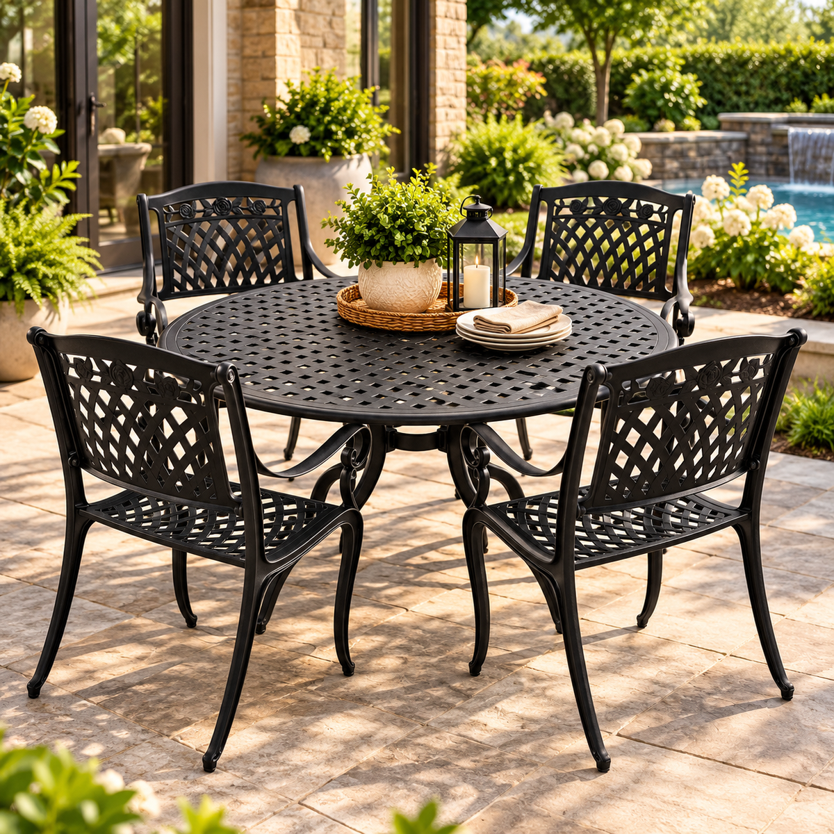 42" Round Black Aluminum Outdoor Dining Set – Modern Mesh Table with 4 UV‑Resistant Aluminum Chairs