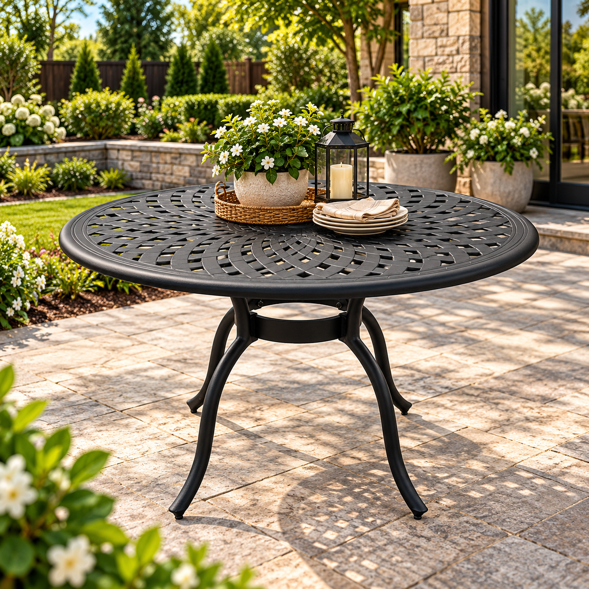 48" Round Black Aluminum Outdoor Dining Table – Modern Mesh Design with UV‑Resistant Powder‑Coated Finish