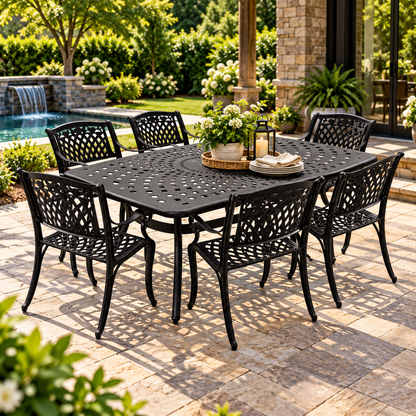 67" Aluminum Outdoor Dining Set – Black UV-Resistant Rectangular Table & Six Chairs