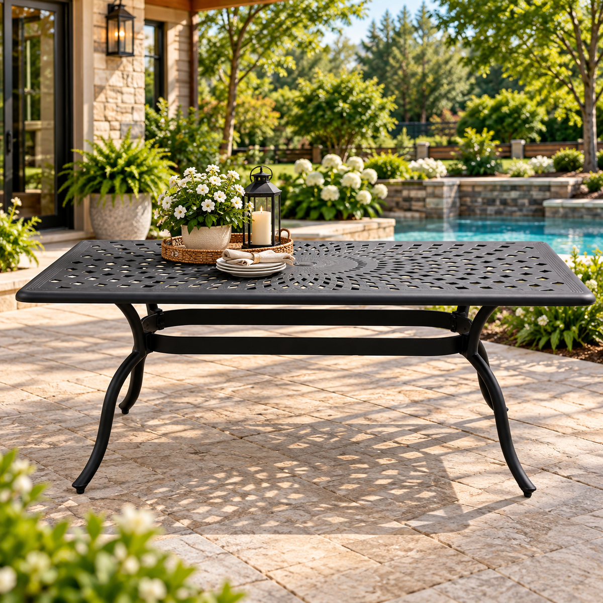 67" Black Aluminum Outdoor Dining Table – Modern Mesh Rectangle Table with UV‑Resistant Powder‑Coated Finish
