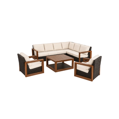Aluminum Wicker Outdoor Sofa Set — Delano Collection, Brown Frame & Beige Cushions, 6‑Piece