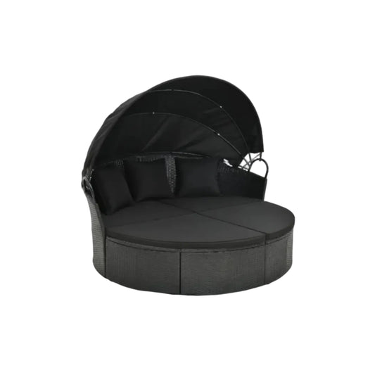 Clamshell Patio Round Daybed Wicker with Retractable Canopy and Pillows