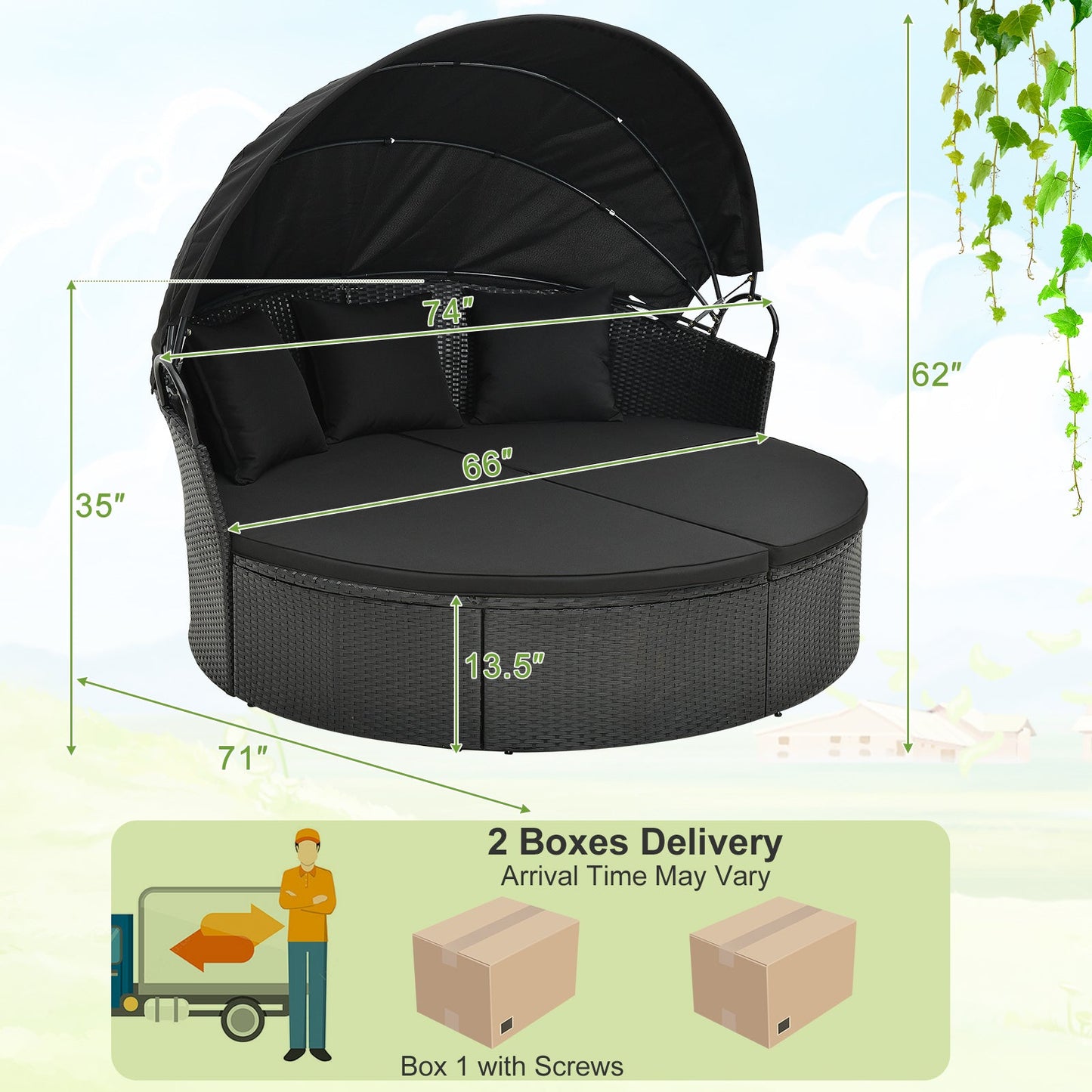 Clamshell Patio Round Daybed Wicker with Retractable Canopy and Pillows