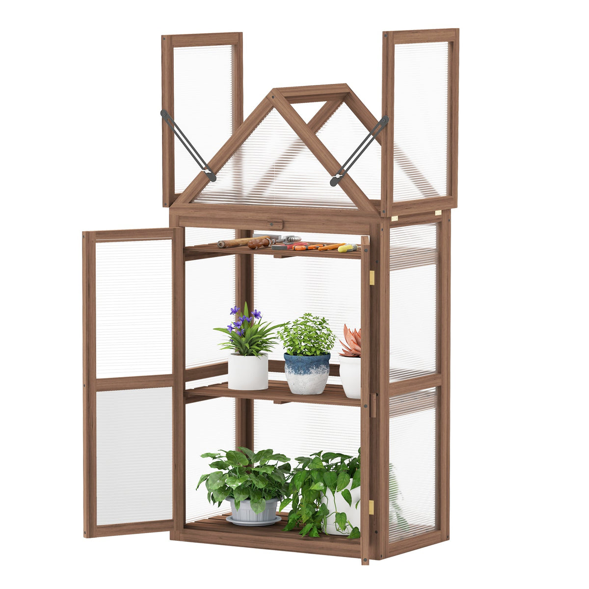 Mini Wooden Greenhouse with Double Doors – Fir Wood Cold Frame with Adjustable Roof & 3 Shelves