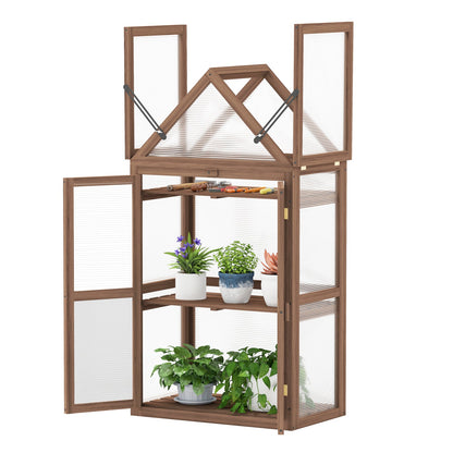 Mini Wooden Greenhouse with Double Doors – Fir Wood Cold Frame with Adjustable Roof & 3 Shelves