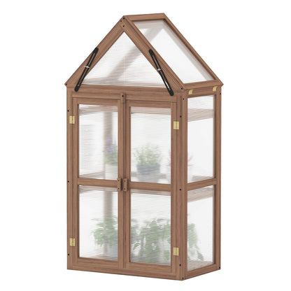 Mini Wooden Greenhouse with Double Doors – Fir Wood Cold Frame with Adjustable Roof & 3 Shelves