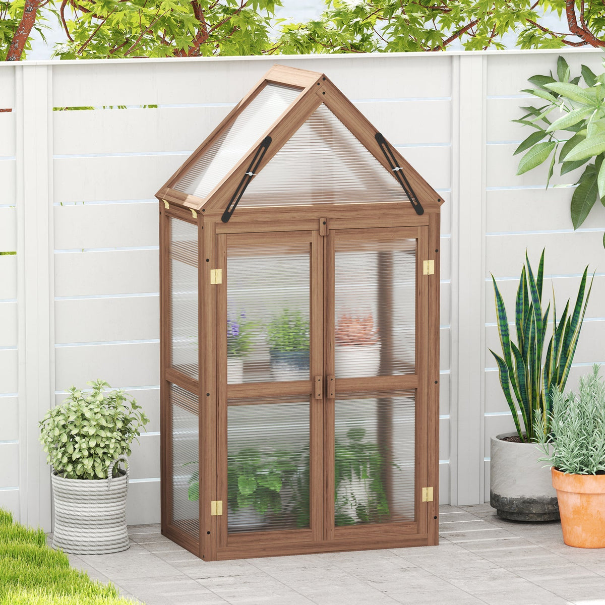 Mini Wooden Greenhouse with Double Doors – Fir Wood Cold Frame with Adjustable Roof & 3 Shelves