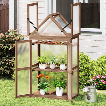 Mini Wooden Greenhouse with Double Doors – Fir Wood Cold Frame with Adjustable Roof & 3 Shelves
