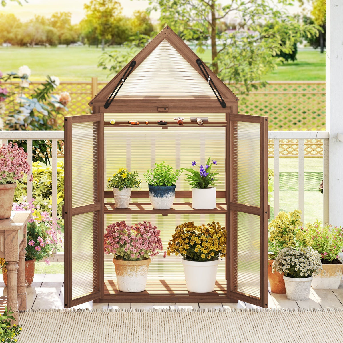 Mini Wooden Greenhouse with Double Doors – Fir Wood Cold Frame with Adjustable Roof & 3 Shelves