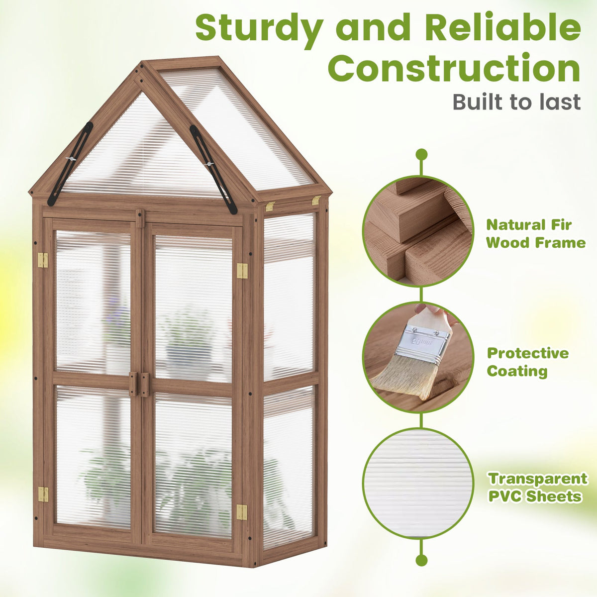 Mini Wooden Greenhouse with Double Doors – Fir Wood Cold Frame with Adjustable Roof & 3 Shelves
