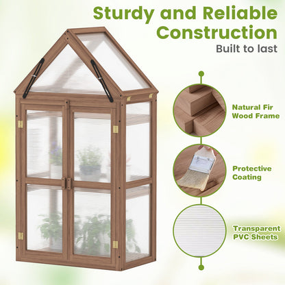 Mini Wooden Greenhouse with Double Doors – Fir Wood Cold Frame with Adjustable Roof & 3 Shelves