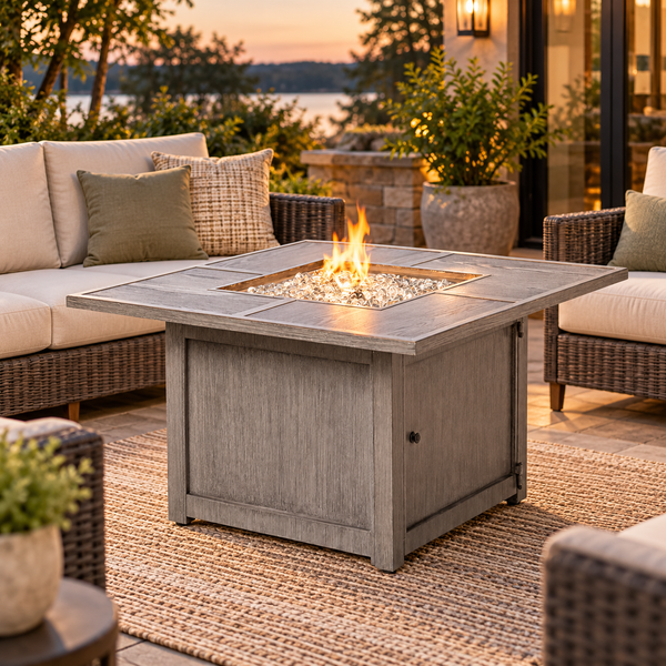 Cheyenne 40" x 25" Square Aluminum Propane Gas Fire Pit Chat Table with Glacier Ice Fire Beads – Blacksmith Finish