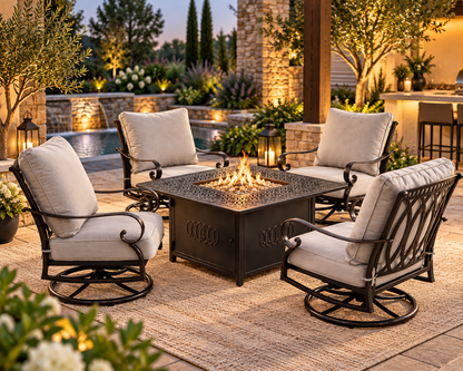 Aluminum 42-in Square Patio Fire Table Set with Swivel Rocking Chairs