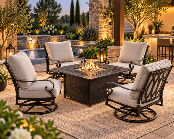 Aluminum 42-in Square Patio Fire Table Set with Swivel Rocking Chairs