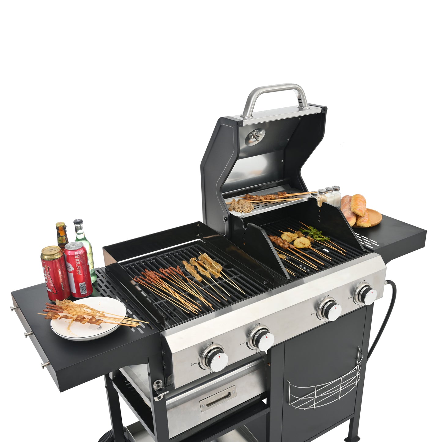 2+2 multifunctional gas barbecue grill and covered grill combination for outdoor cooking