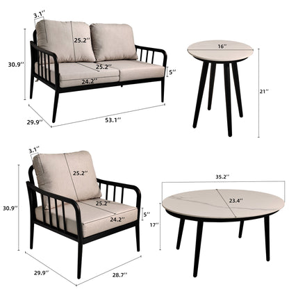 5‑Piece Modern Aluminum Patio Furniture Set – Sunbrella Cast Silver Cushions & Carrara Sintered Stone Tables