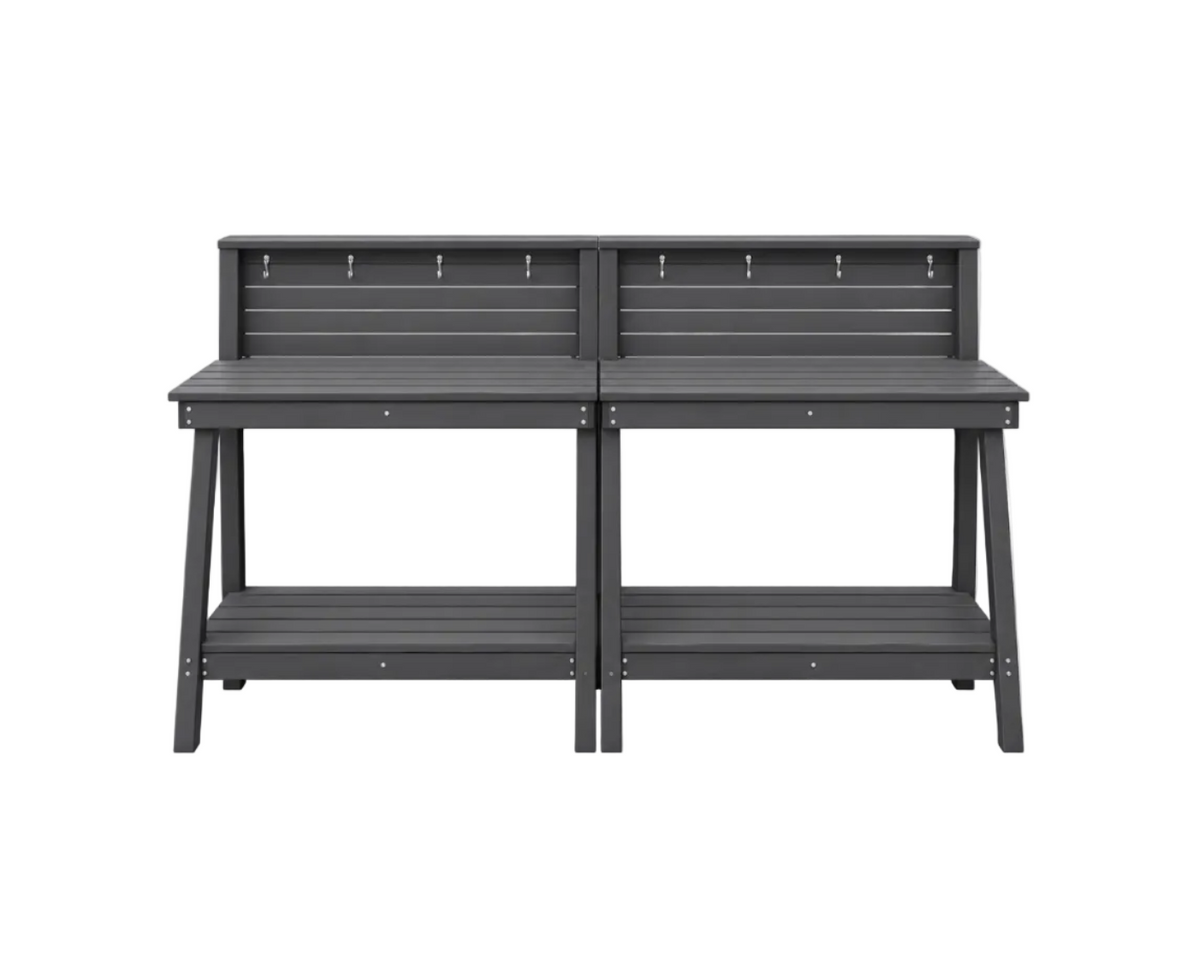 SERWALL Outdoor Potting Bench Set of 2 – All-Weather HDPE Garden Workstations with Storage Shelves & Hooks – Grey