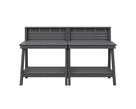 SERWALL Outdoor Potting Bench Set of 2 – All-Weather HDPE Garden Workstations with Storage Shelves & Hooks – Grey