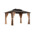 10x13ft Double-Roof Patio Hardtop Gazebo with Galvanized Steel Roof Netting and Curtains-Coffee