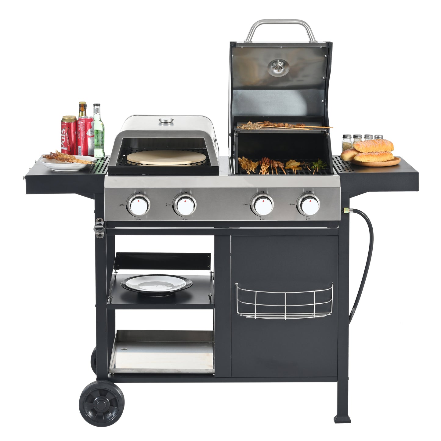 2+2 multifunctional gas barbecue grill and covered grill combination for outdoor cooking