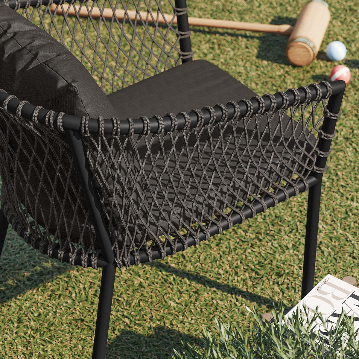 Sailor Coastal Outdoor Dining Armchair — Handwoven Rope, Sunproof Fabric & Powder‑Coated Aluminum