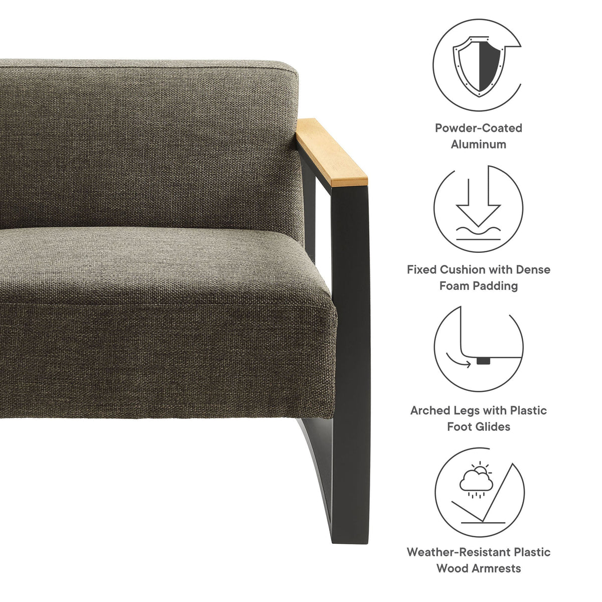 Sauve Outdoor Patio Armchair by Modway – Powder‑Coated Aluminum, Water‑Resistant Cushions & Plastic Wood Armrests